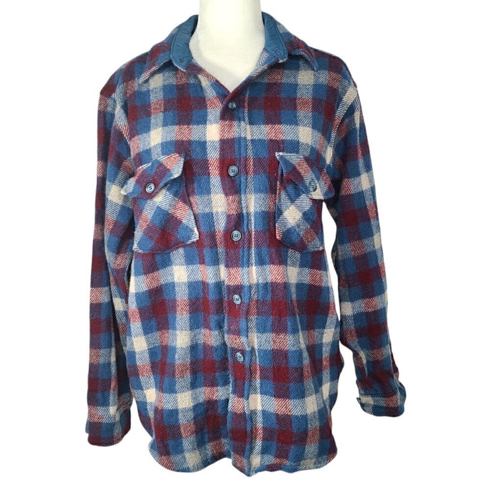 Vintage Woolrich Navy Teal Gray Plaid Heavyweight Work Flannel Shirt Wool